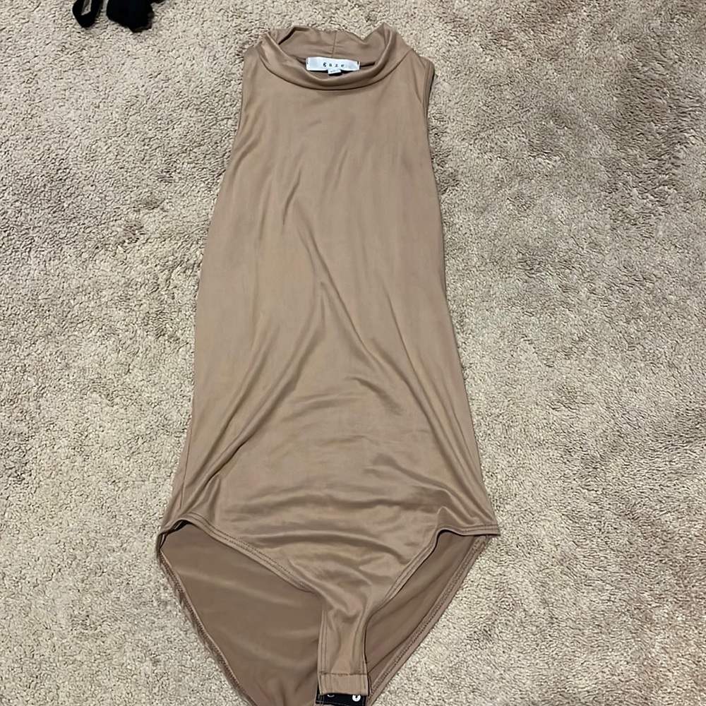 Mock neck tan body suit